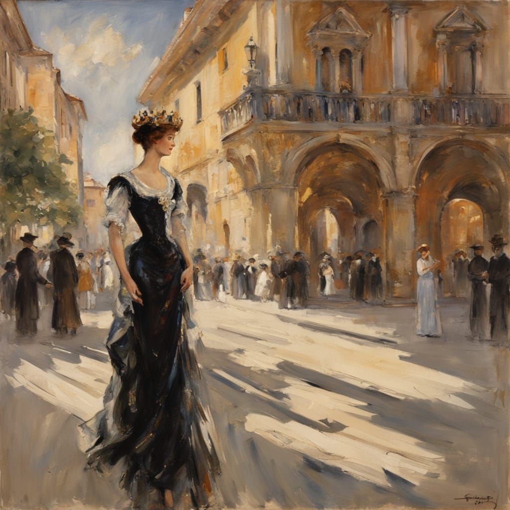 Elegant Renaissance Woman in Italian Piazza