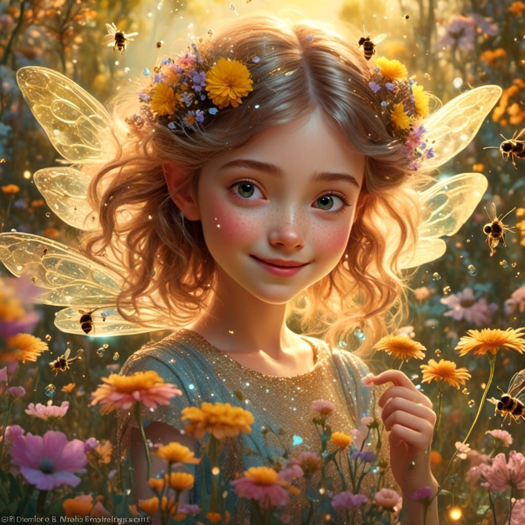 Girl in Lush Garden with Sparkling Bees