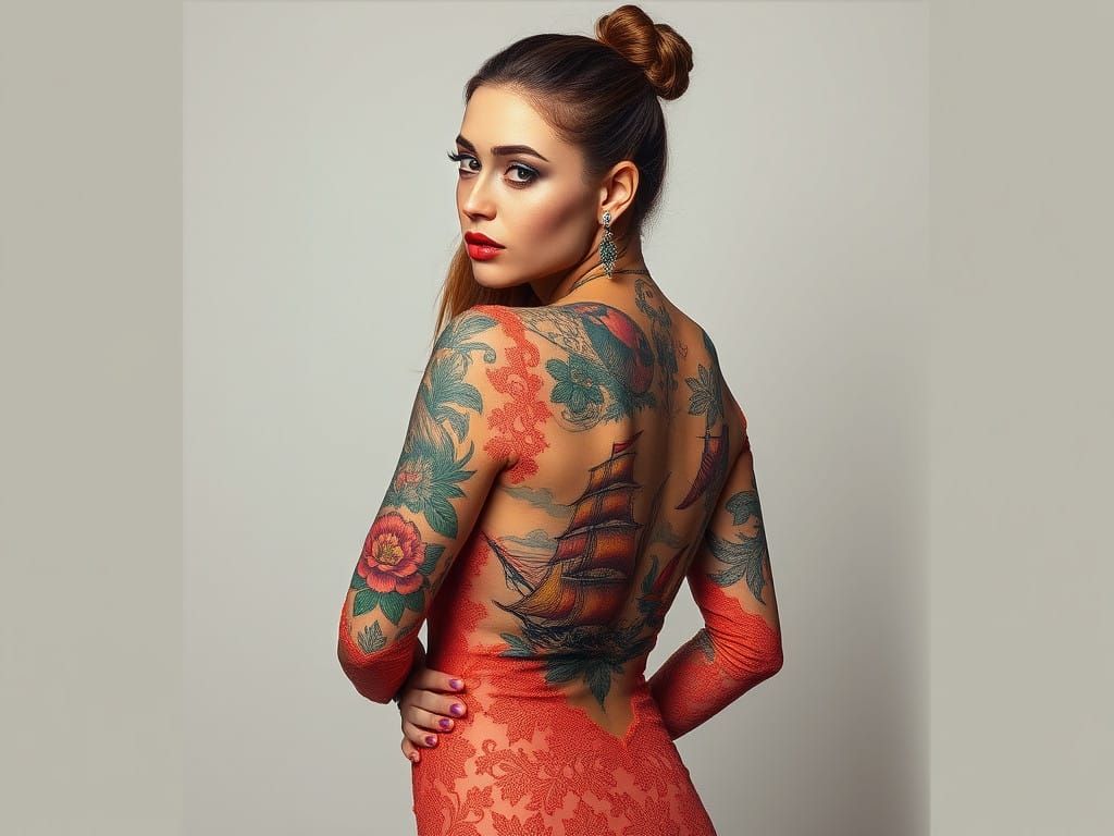 Eclectic Lady with Intricate Tattoos in a Dreamlike Setting