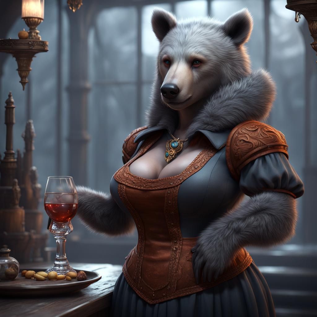Anthropomorphic Bear Barmaid in Detailed Fantasy Art