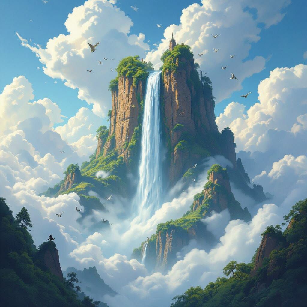 Floating Mountain Waterfall with Mythical Birds in Dreamscap...