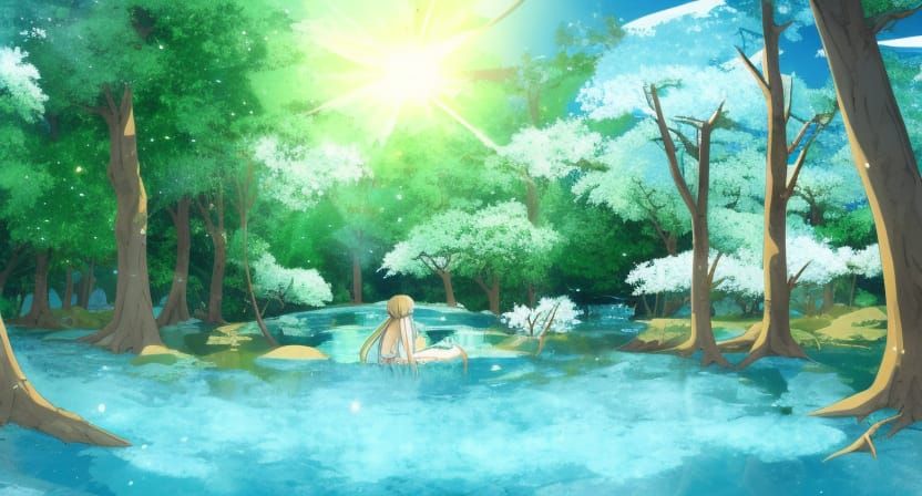 Anime Magical Hot Spring in Forest Panorama