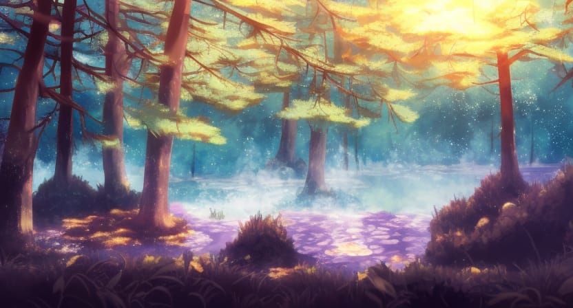 Anime Magical Hot Spring in Forest with Cosmic Sky