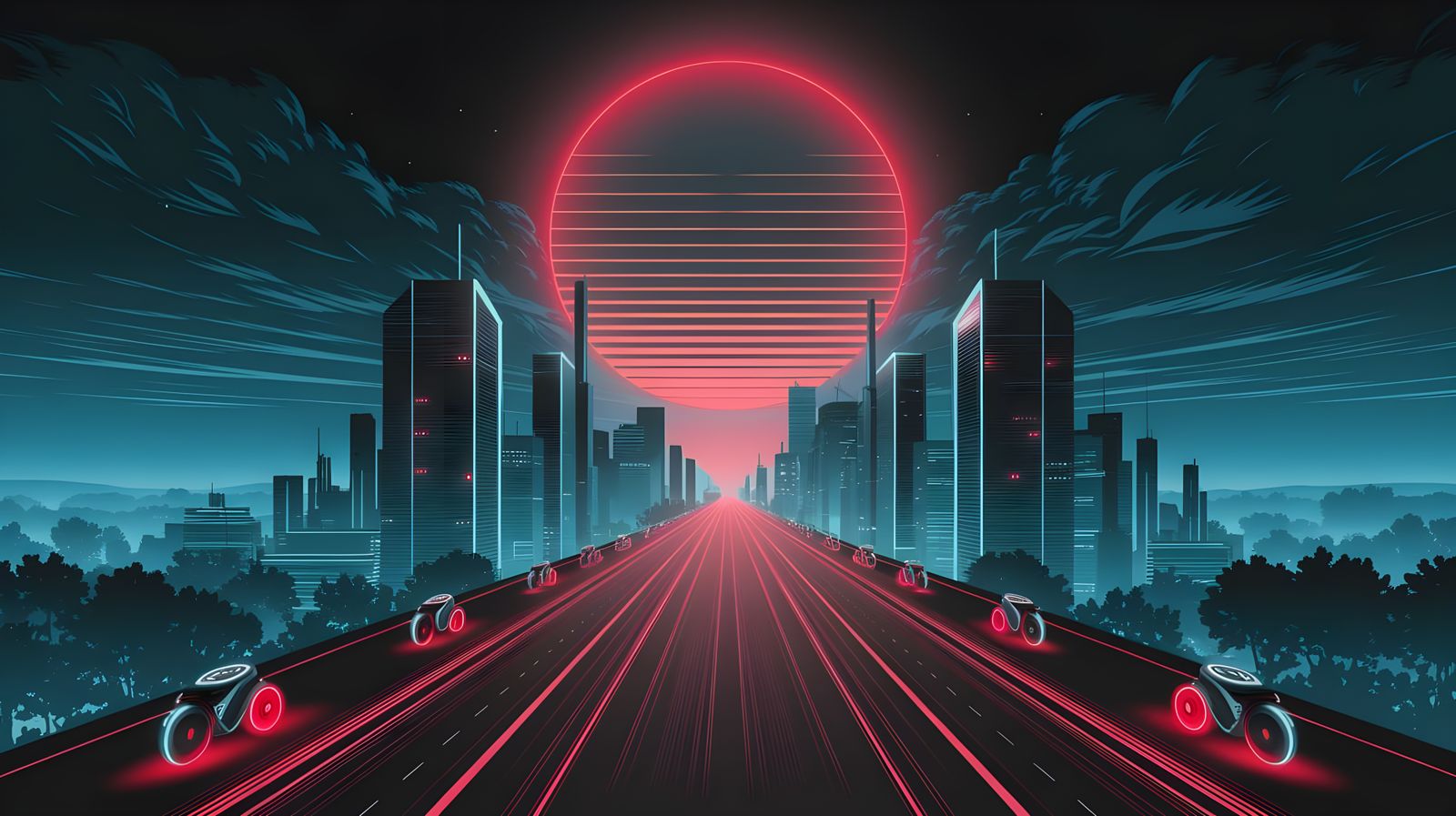 Synthwave Cityscape with Crimson Neon Moon