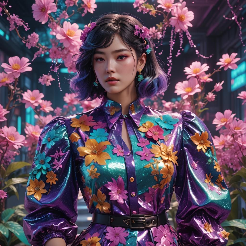 Glitter Floral Blouse in Vaporwave Style