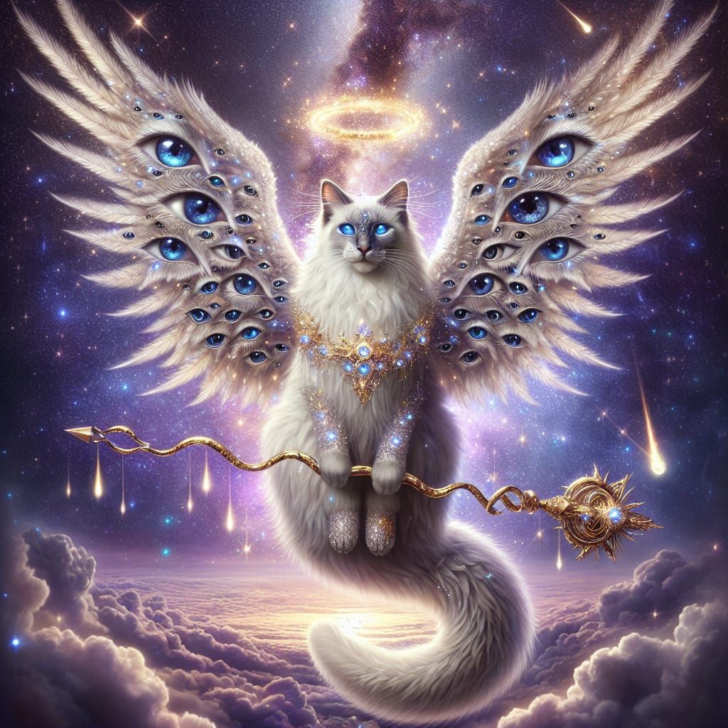 Celestial Cat Angel with Galaxy Background