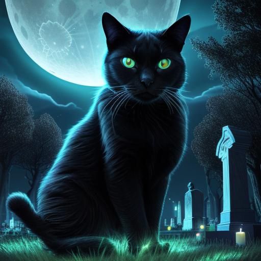 Hyperrealistic Black Cat in Cemetery, 3D Render