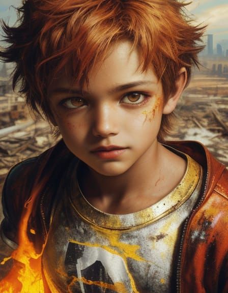 Child Hero in Fiery Aura, Grunge Oil Painting