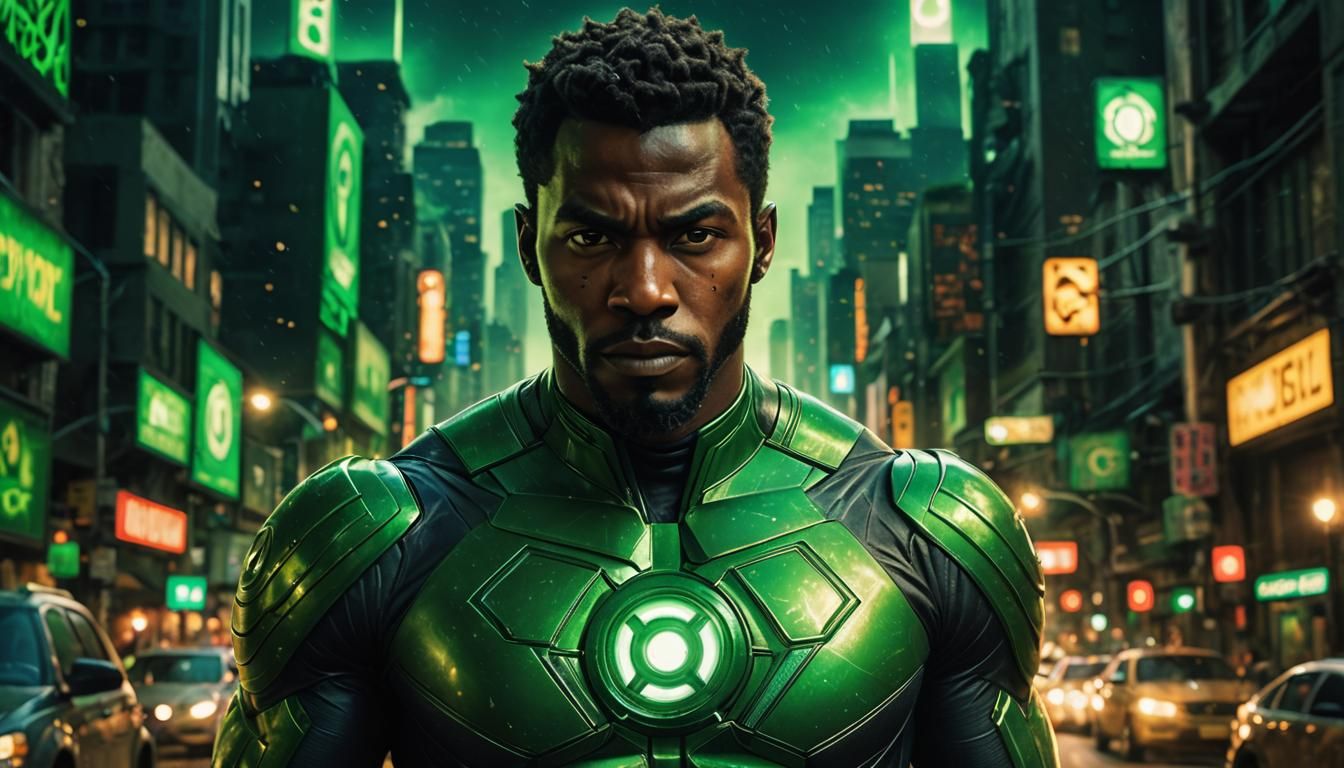 Maximalist African-American Green Lantern in Dystopian Setti...