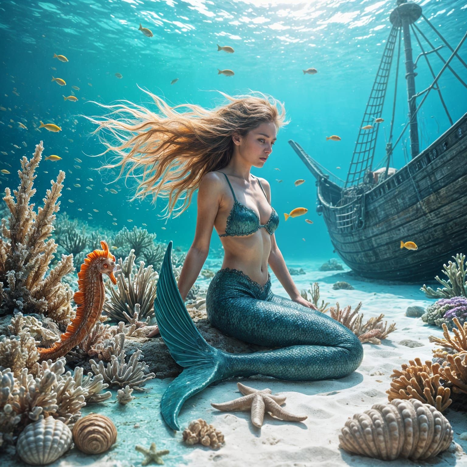 Mermaid Amidst Oceanic Splendor in a Cyberpunk-Inspired Comp...