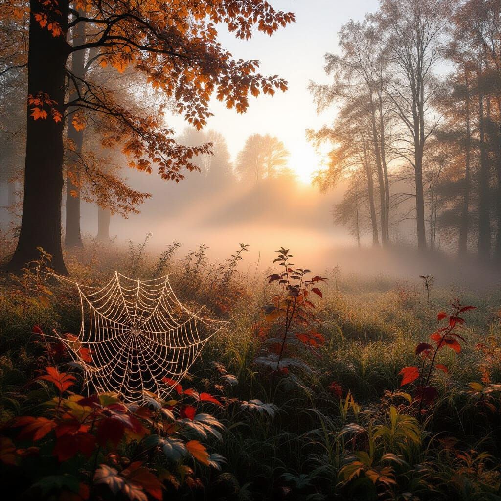 Thick foggy mist in misty leafy autumn forest morning with a...