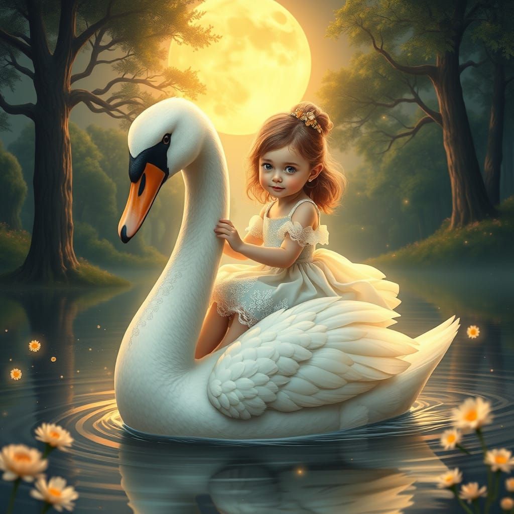 Dreamlike Fairytale Scene with Girl and Swan in a Lush, Moon...