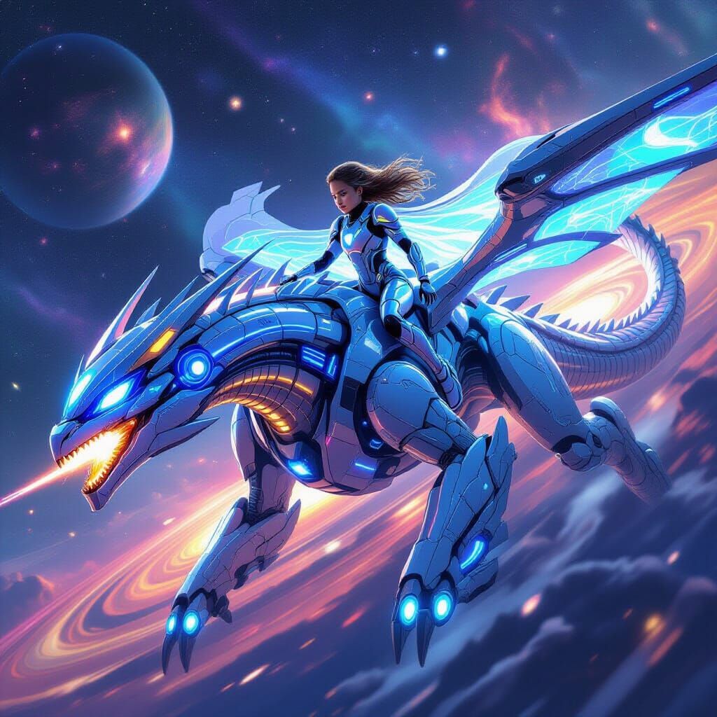 Girl Rides Robotic Dragon Through Swirling Galaxies