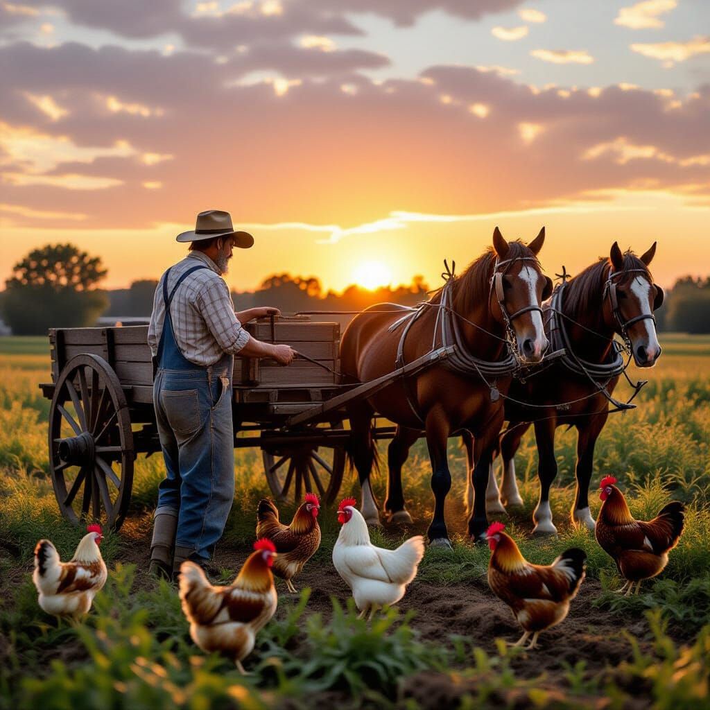 Cinematic Sunset: Farmer with Horses in Rural Setting