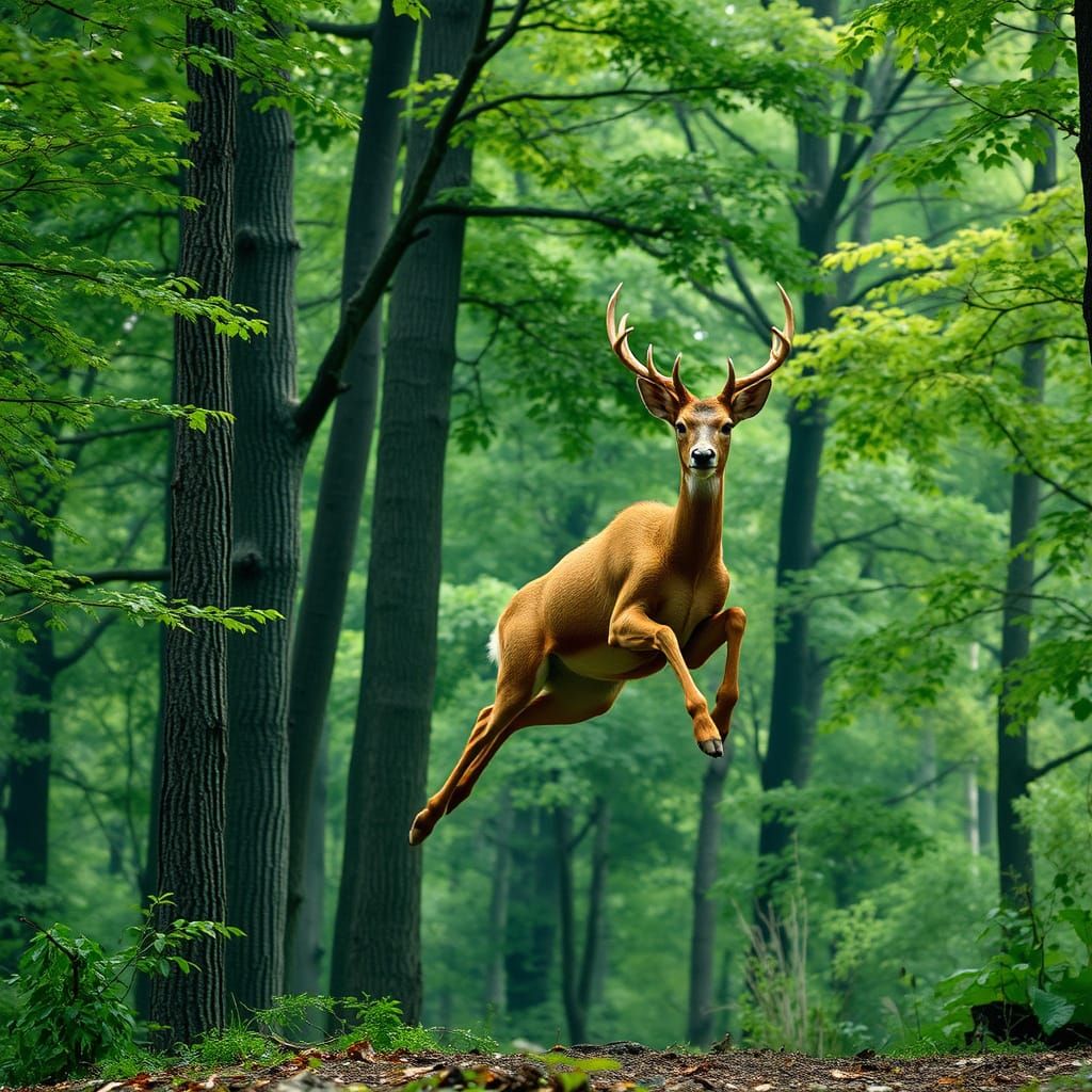 A Deer Leaps Through a Hyperrealistic Forest Landscape