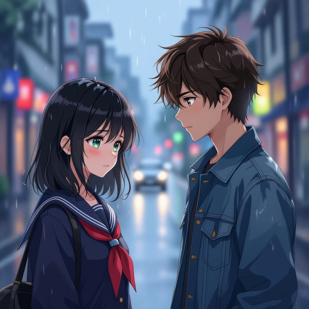 Melancholic Schoolgirl in Rain, Anime Style