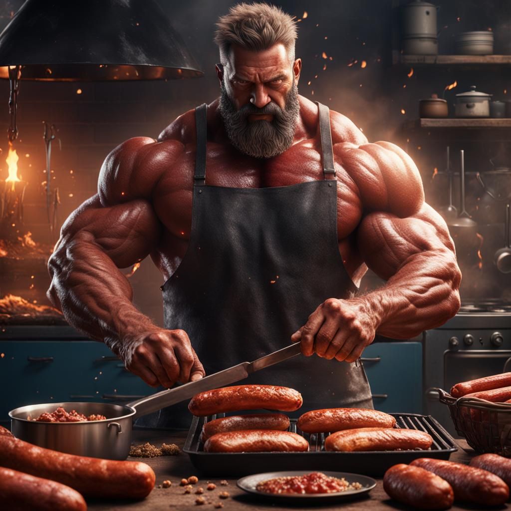 Hairy Bodybuilder Cooking Sausages: Detailed Matte Painting