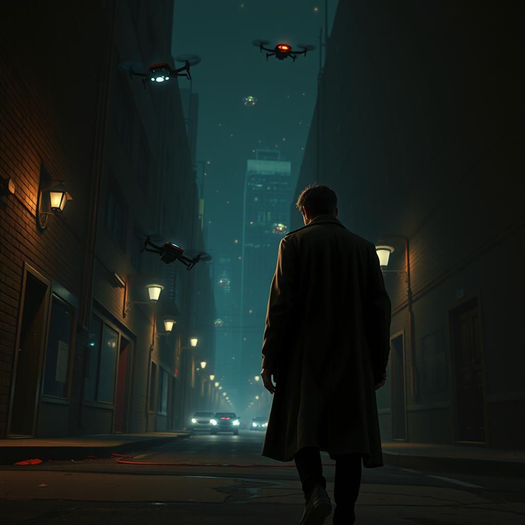 Dystopian Vigil in a Cyberpunk Cityscape