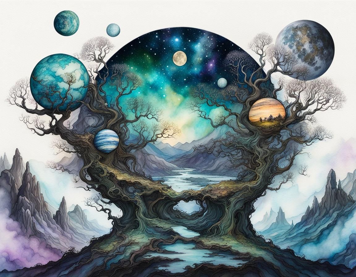 Whimsical Winter Solstice Planets in Watercolor Style