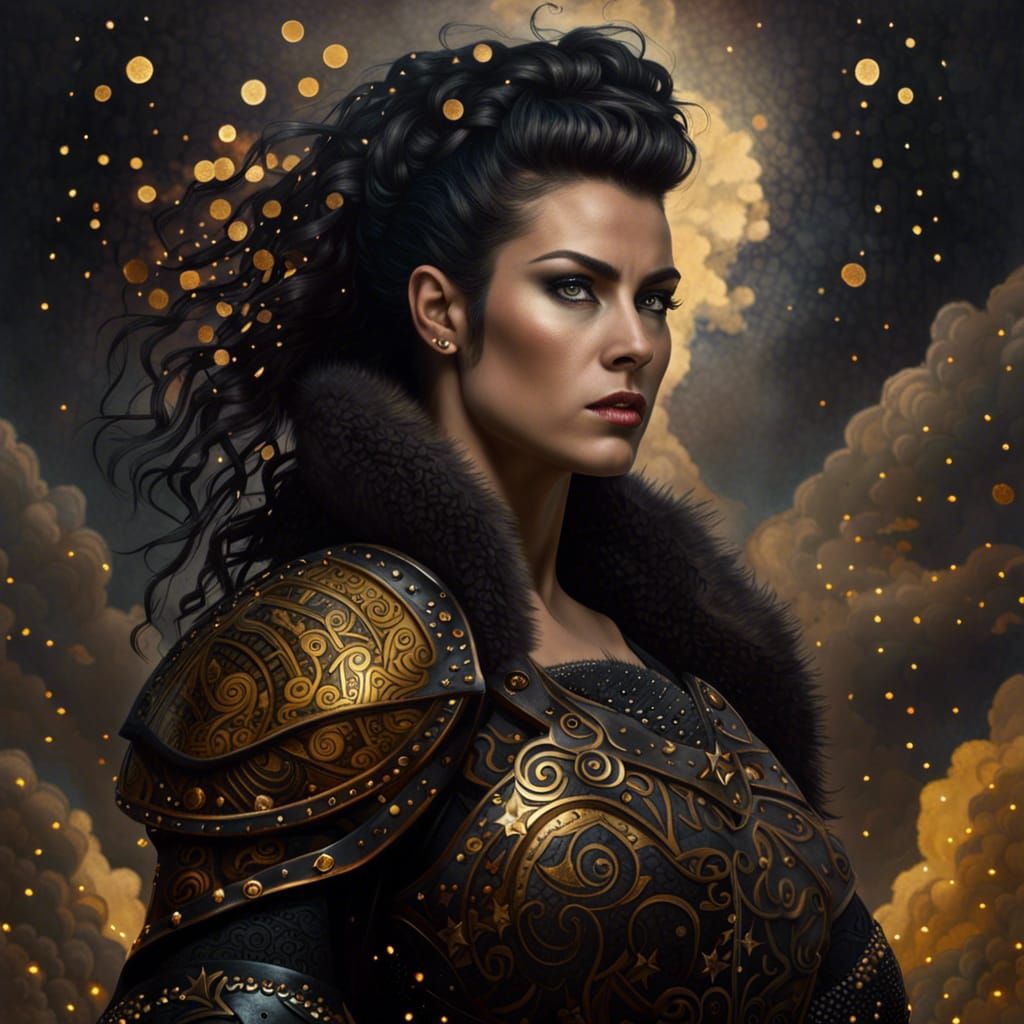 Armored Viking Woman with Klimt-Inspired Background