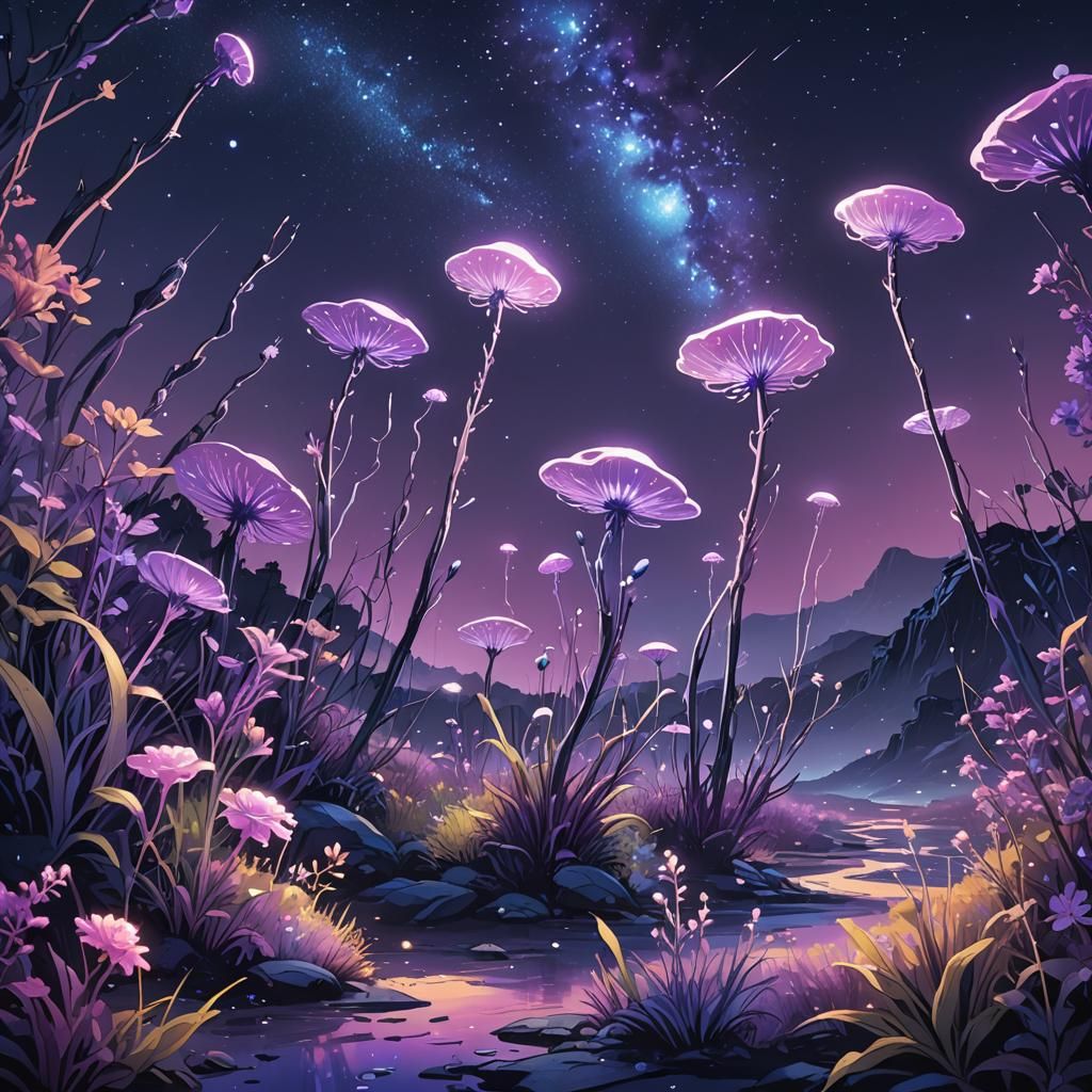Bioluminescent Sci-Fi Landscape in Anime Style