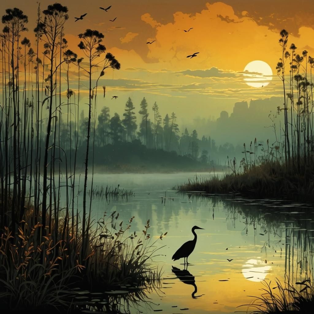 Elegant Cranes in Sunset Light on a Serene Reed Lake
