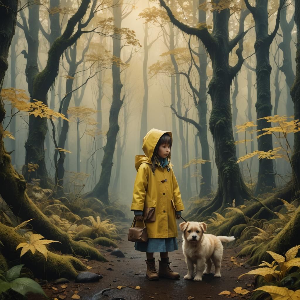 Girl and Puppy in Misty Forest, Fantasy Matte Painting