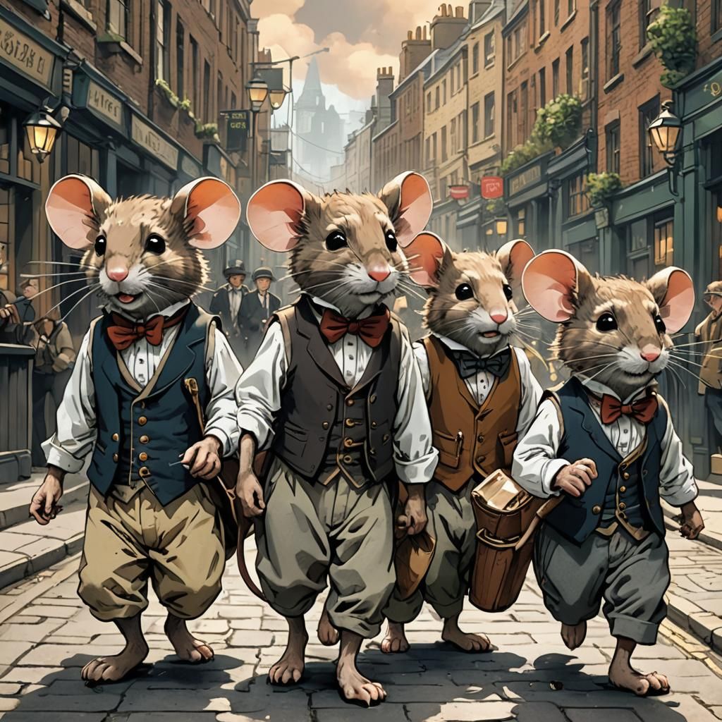 Mice in London Street, 1800s Drawing Style
