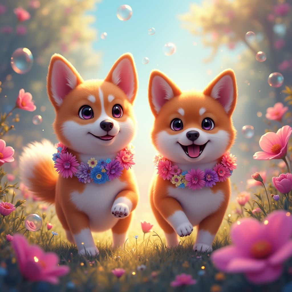 Dogs Playing in a Luminous Flower Meadow