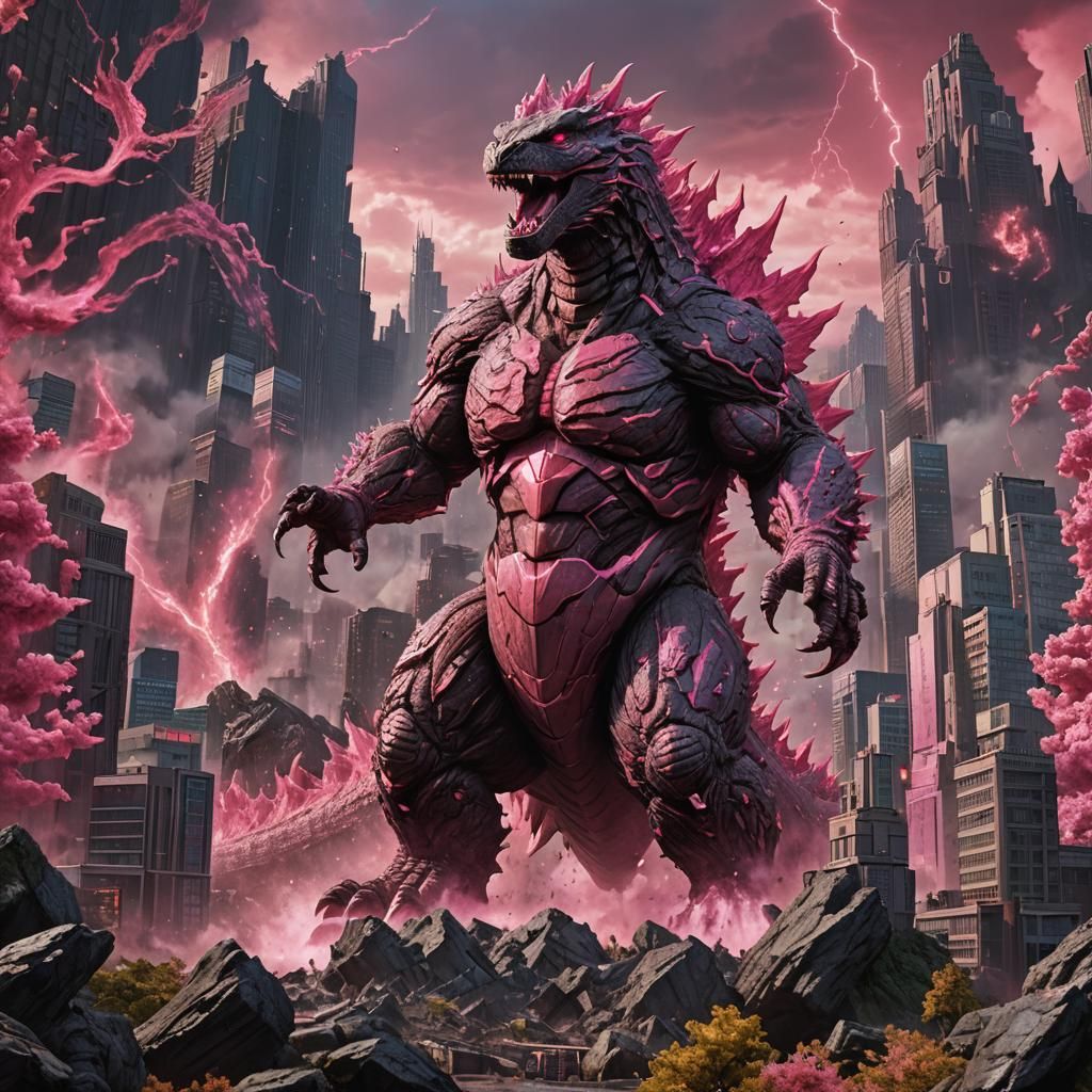 Gamma Godzilla Roams a Pink Metropolis