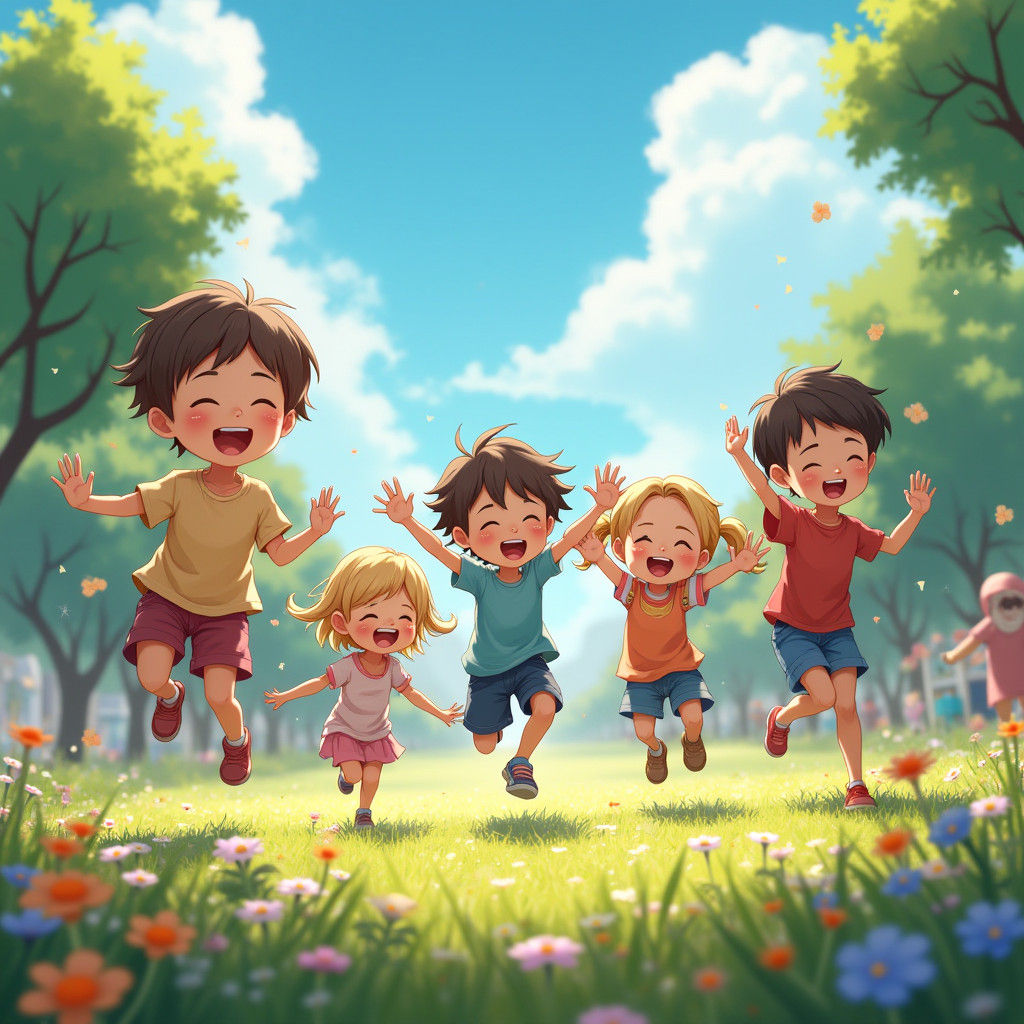 Children's Joyful Playtime: Anime-Inspired 3D Art