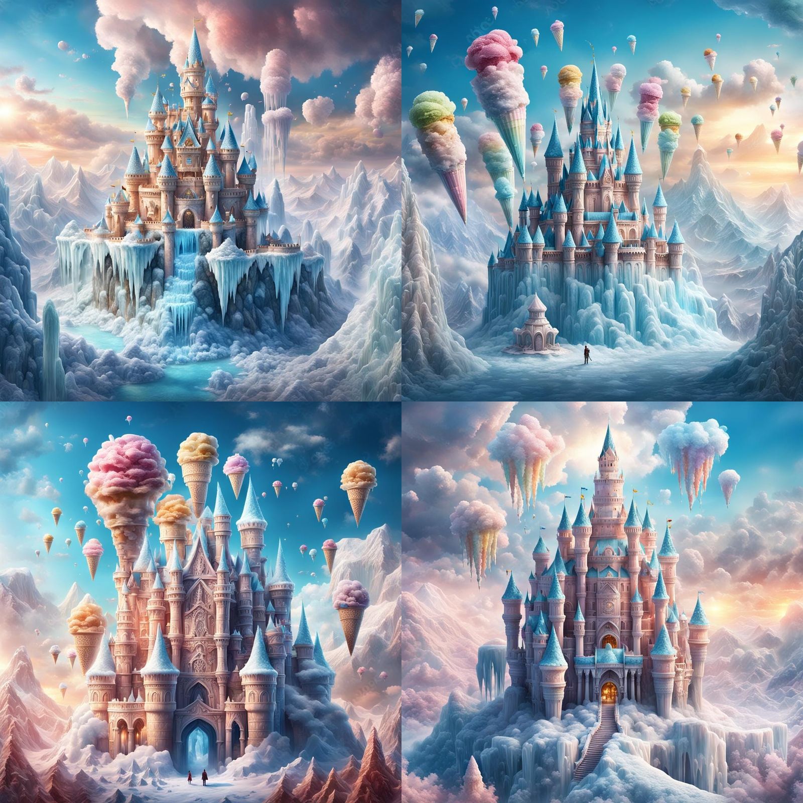 Ice Cream castle in the air, a fantasy palace made of ice cream on a giant scale