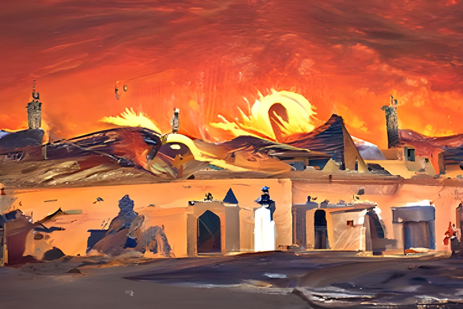 Phoenix Rising Over Ancient Arabic City as Oil Painting