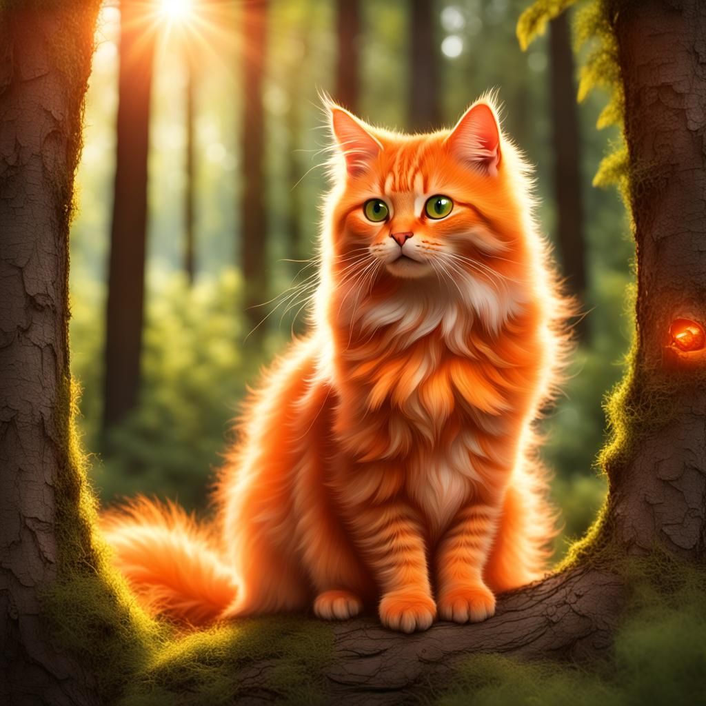 Angora Cat in Forest Sunlight, Impasto Painting