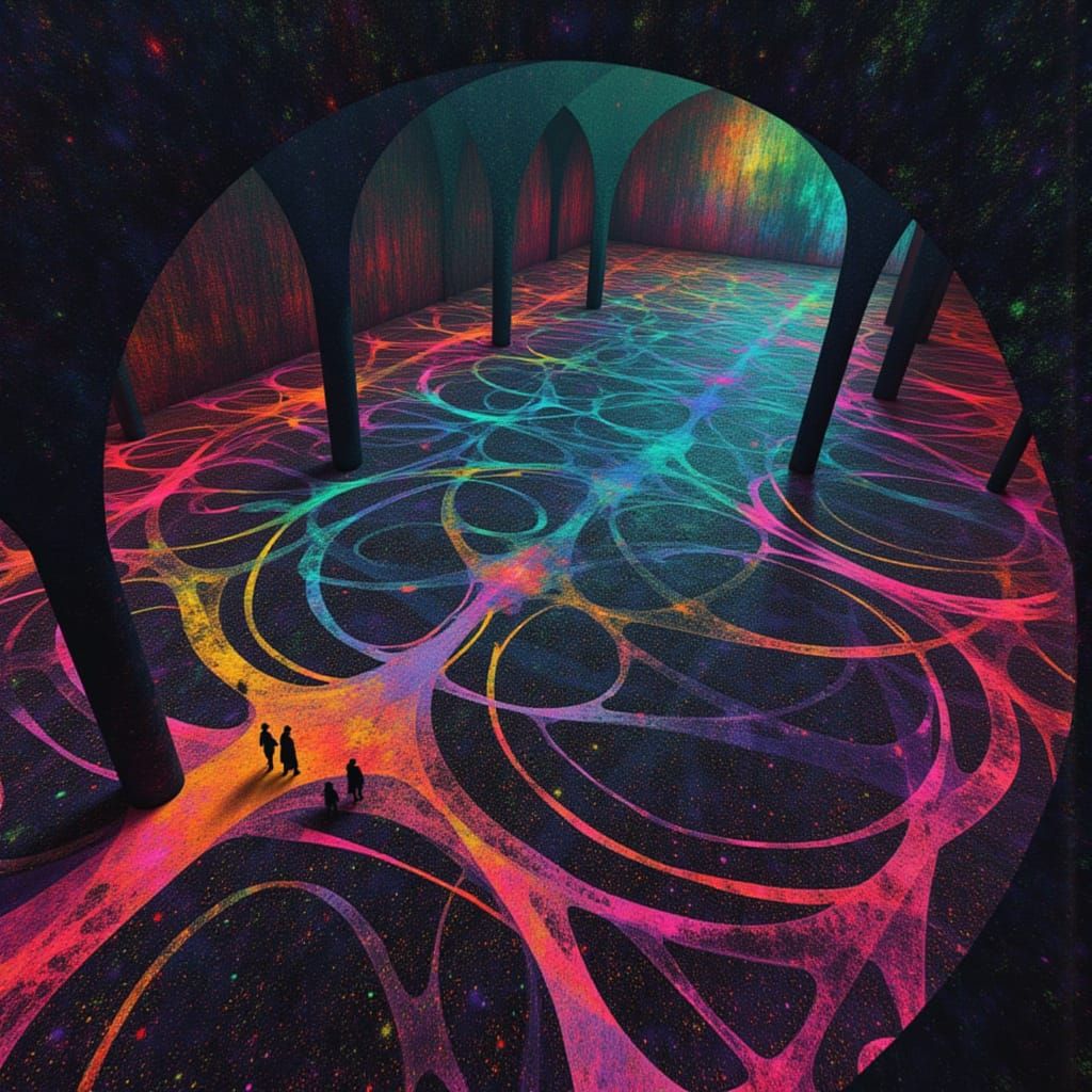 Colorful Maze Exploration in Cavernous Room