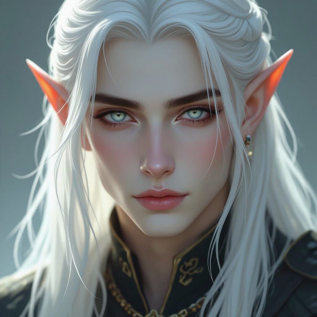 Elegant Elf with White Eyes in Luminous Painterly Style