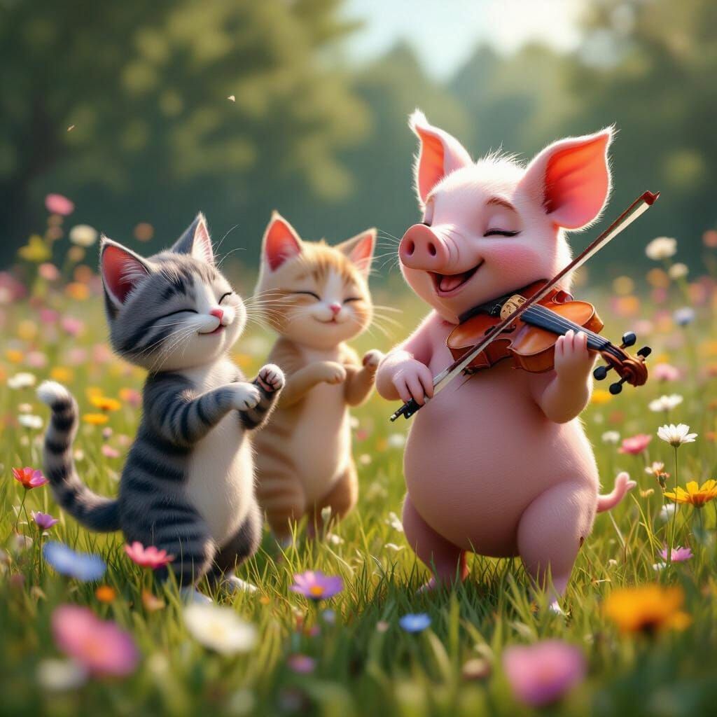 Anthropomorphic Pig Plays Violin With Dancing Cats in Floral...