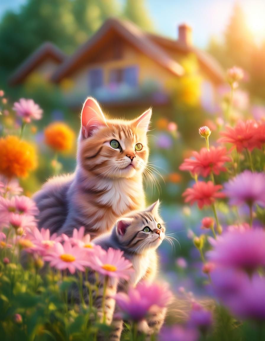 Cats Playing in Impressionist Flower Garden