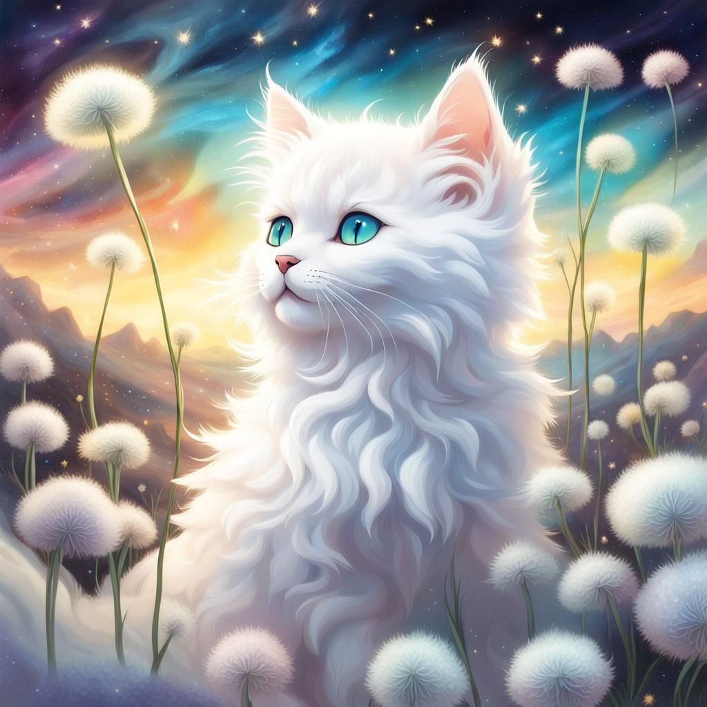 Mystical Iridescent Cat in Dreamlike Ghibli Realm