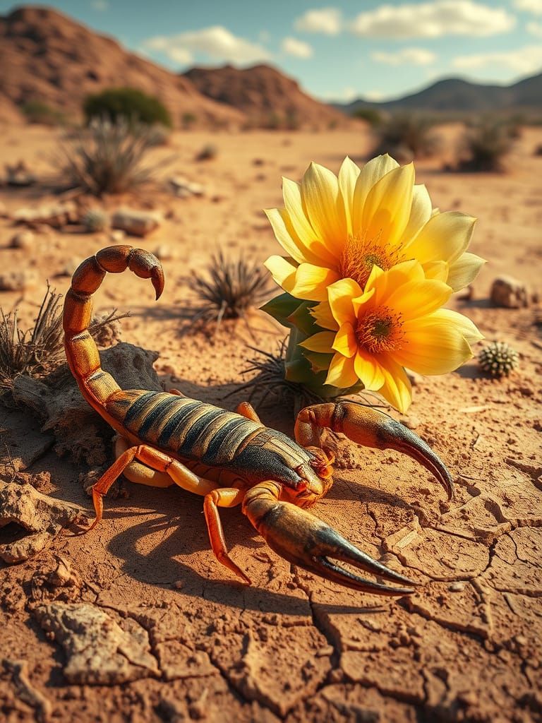 Scorpion on parched desert next to flowering cactus.