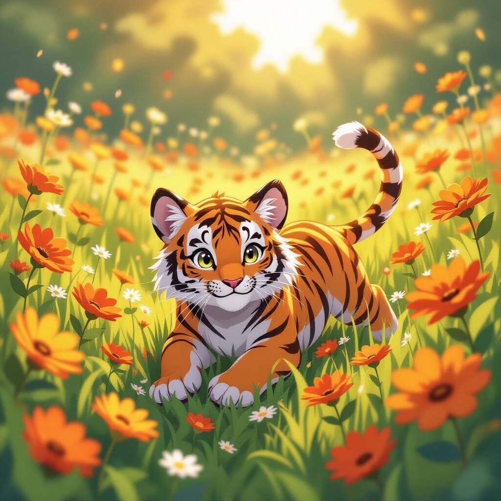 Playful Tiger in Orange Meadow: Manga-Style Illustration