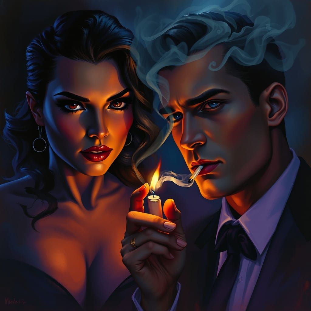 Film Noir Couple in Smoky Jazz Club, Dramatic Lighting