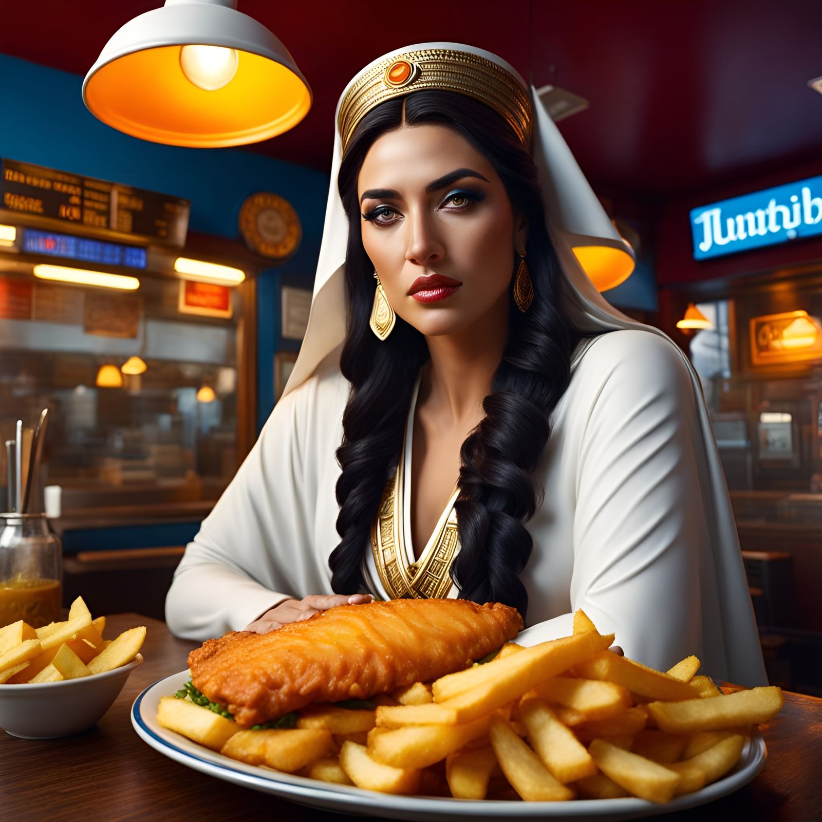 Greek High Priestess in Fish Shop: Hyperrealistic Portrait