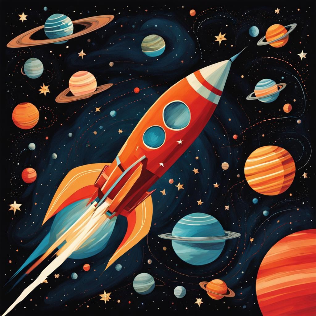 Rocket Orbits Planets in Vibrant Children's Illustration