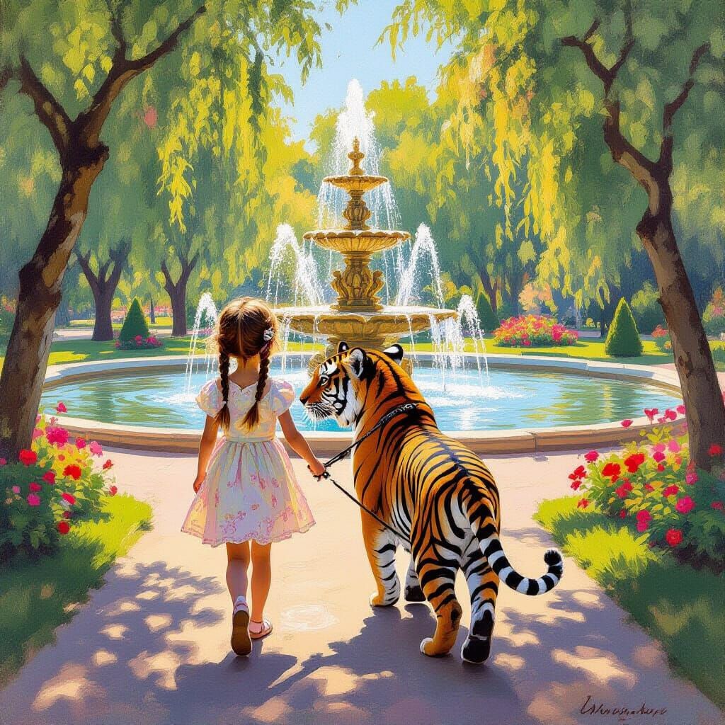 Girl Walks Tiger in Sun-Drenched Park with Fountains