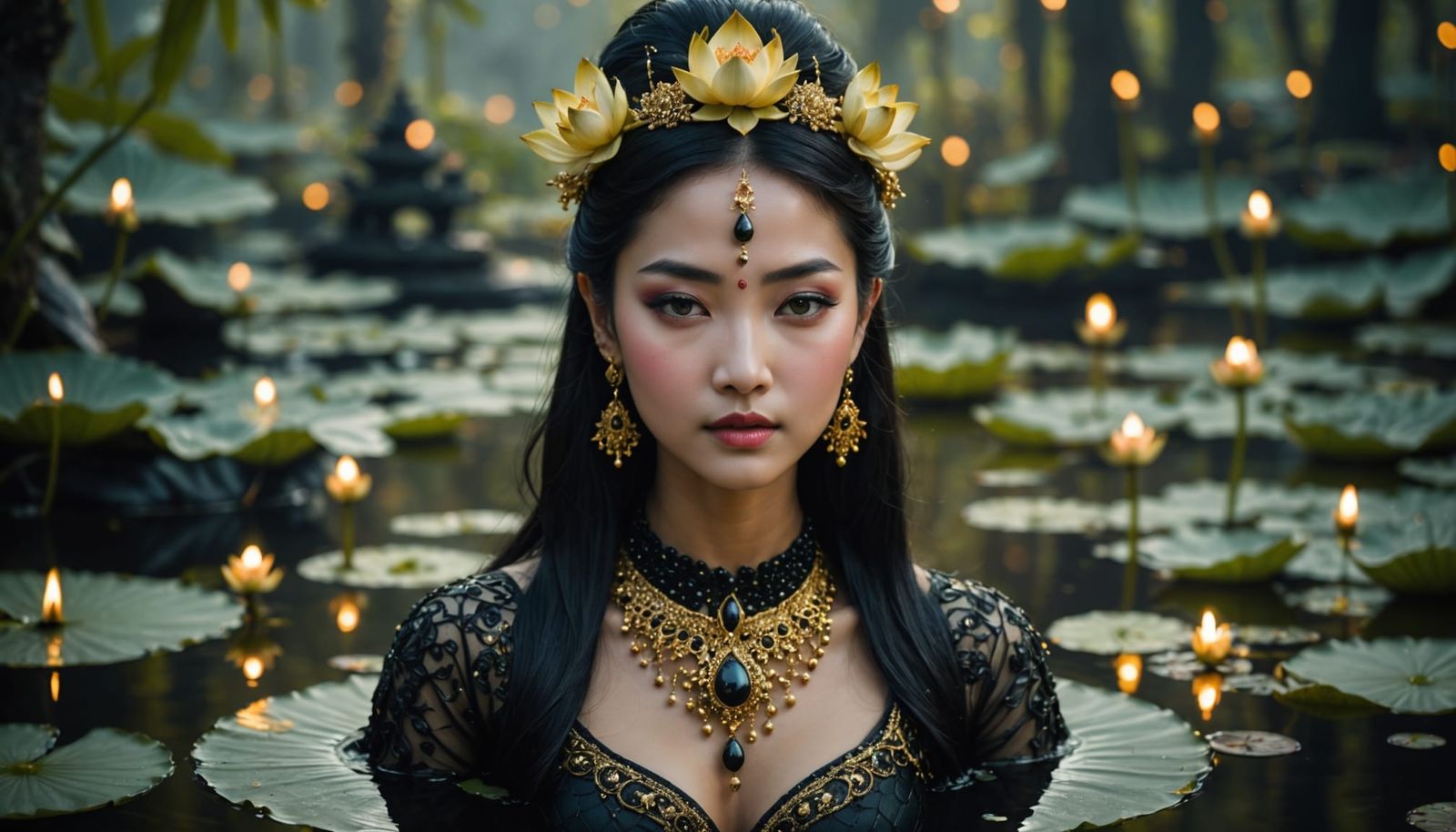 Goddess of Black Lotus Flowers in Ethereal Pond