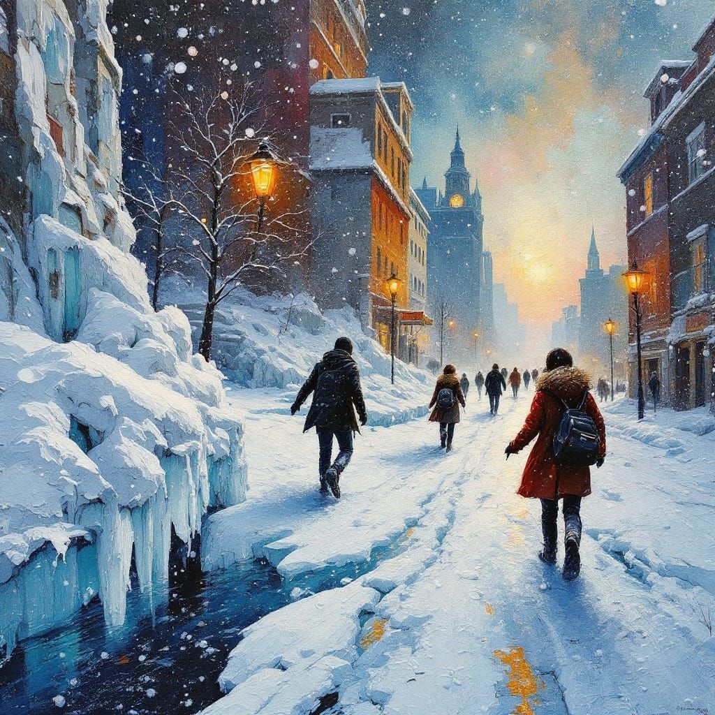 Winter Cityscape: Neo-Impressionist Skiing Scene
