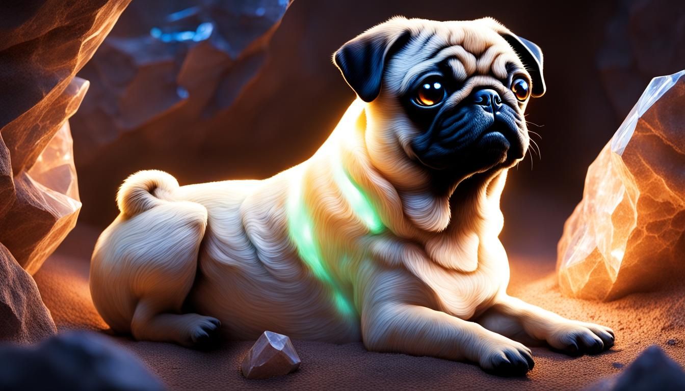 Pug in a Glowing Crystal Cave
