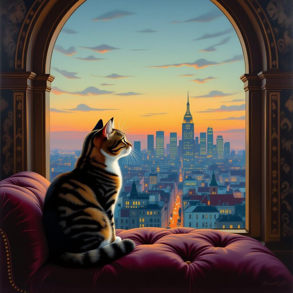 Tabby Cat Gazes from Velvet Cushion at Art Deco Cityscape