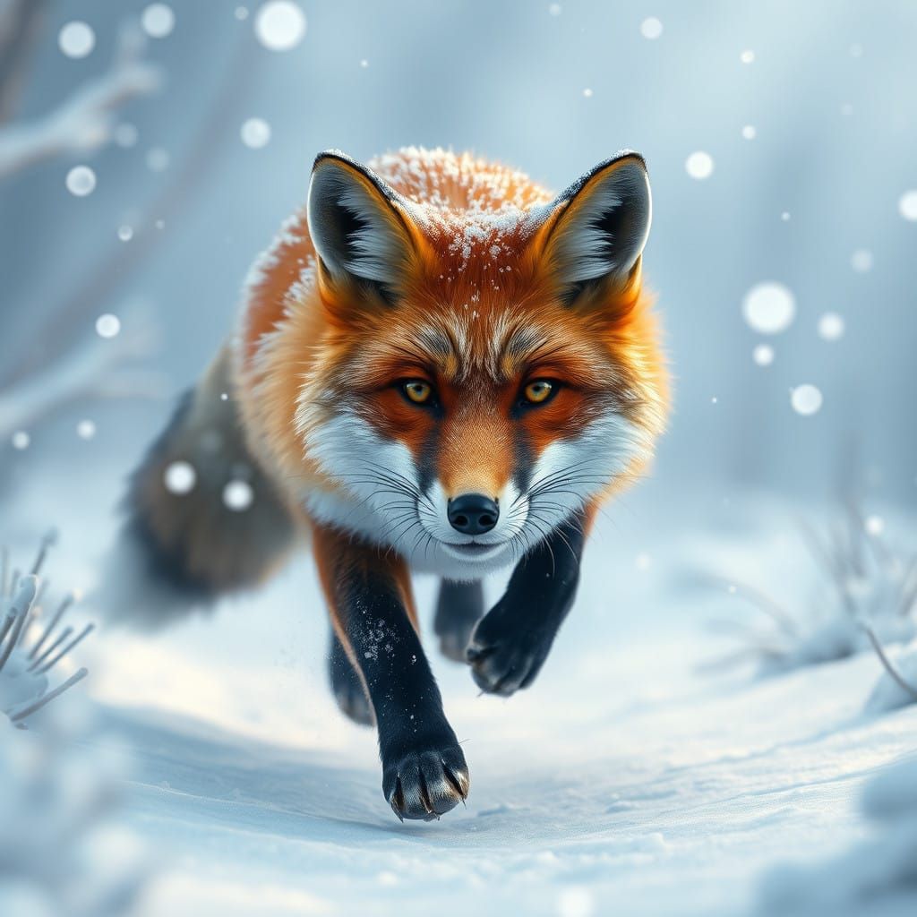 Majestic Fox Charging Through Winter Wonderland in Vibrant,...